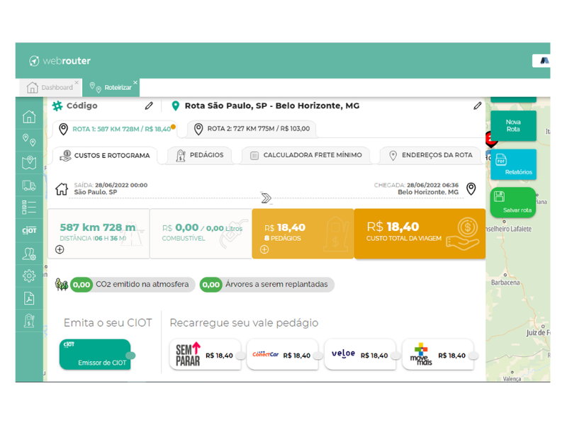 Plataforma logística de roteirização com valores de pedágios em tempo real.